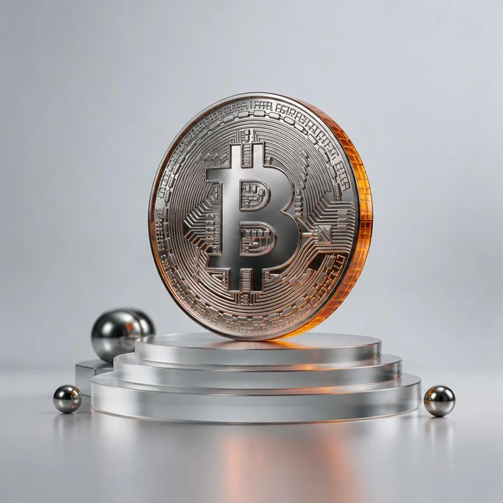 Sidabrinė Bitcoin moneta ant stiklinio reitingo podiumo