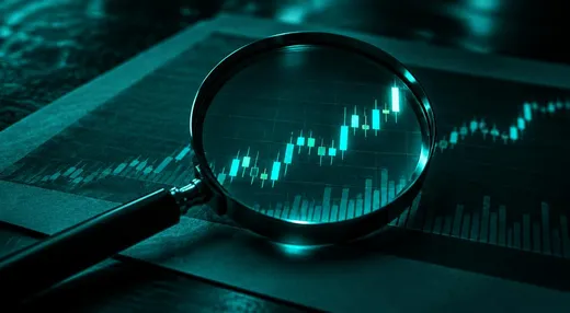 Didinamasis stiklas virš finansų grafiko